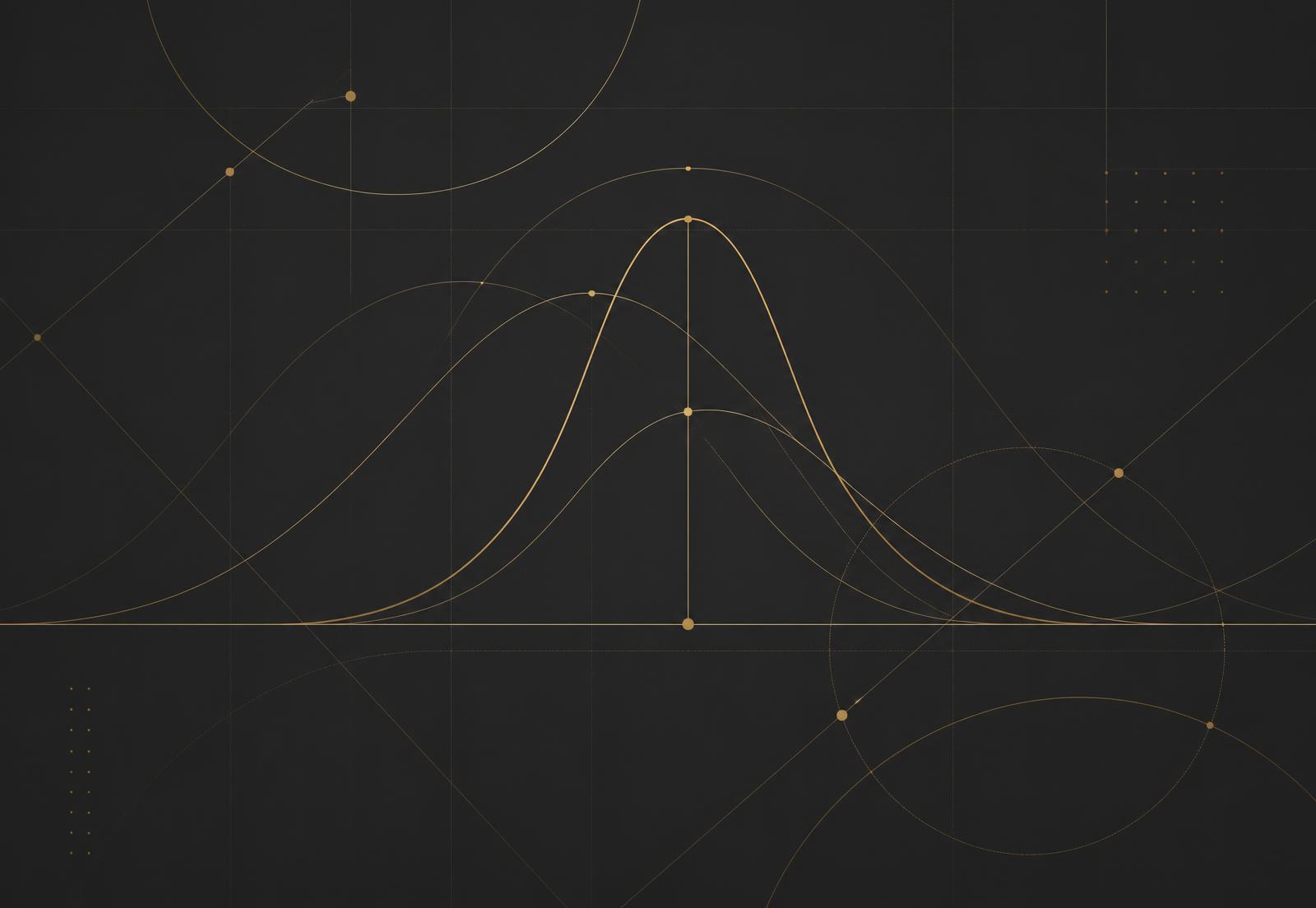 Illustrazione editoriale astratta con curve di probabilità e griglie di confronto